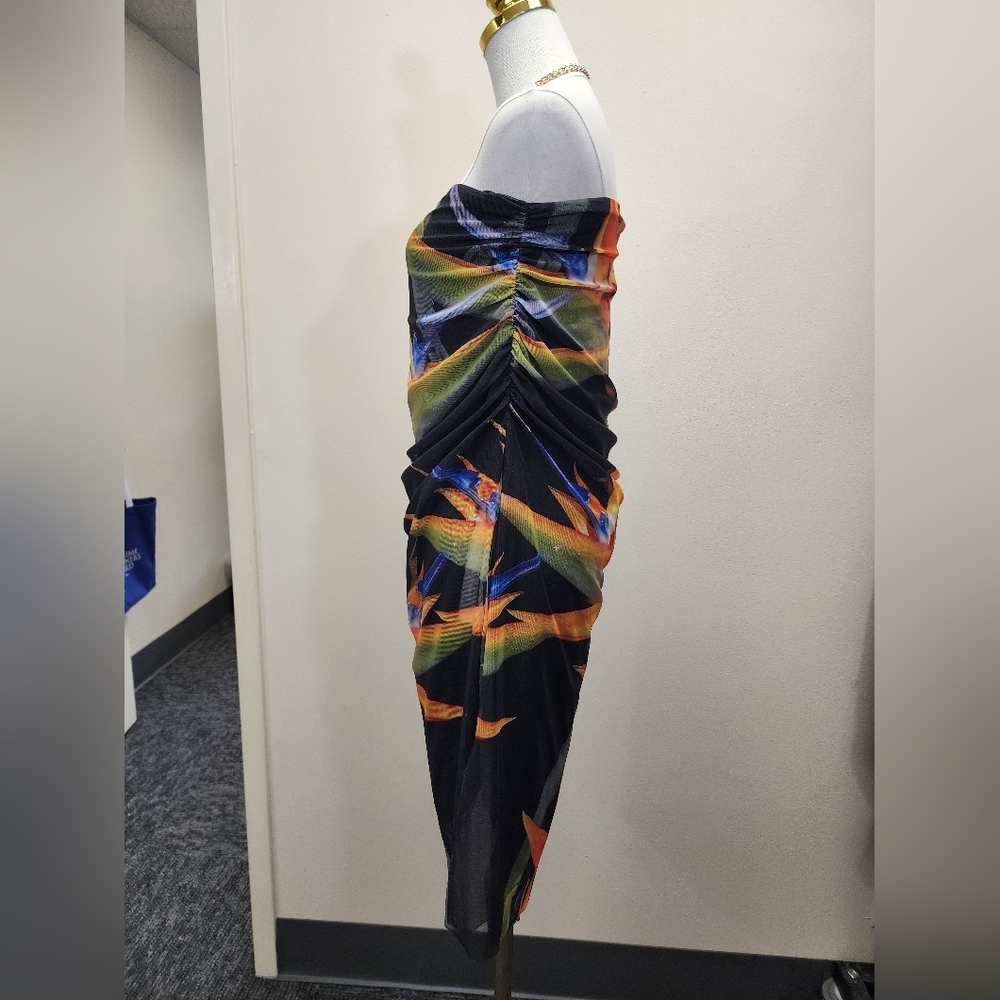 Zara Strapless Mesh Midi Dress Ruched Side Slit Multicolor Size Medium - Picture 3 of 10
